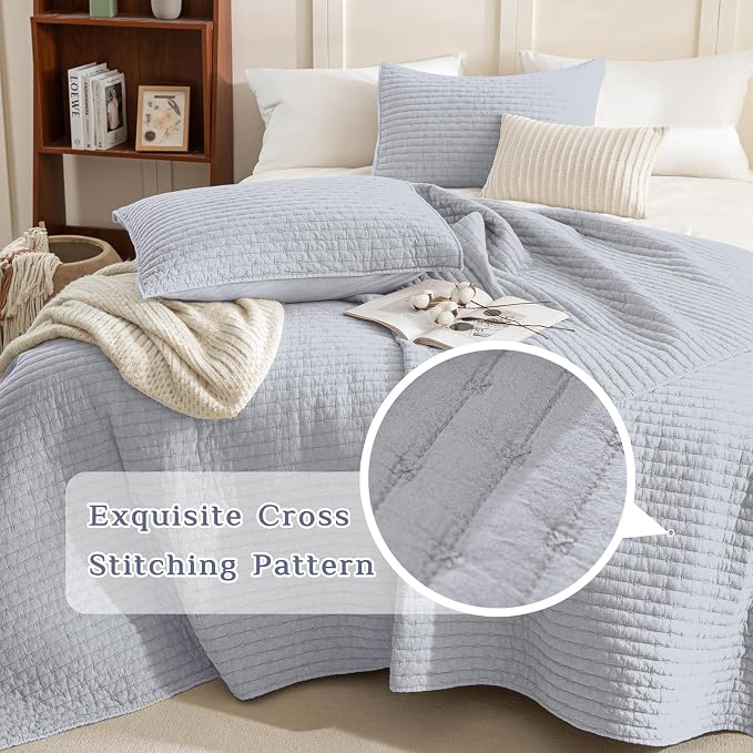 CozyTide Quilt King Size, Stone-Washed Cotton Light Blue King Quilt Bedding Set - Image 3