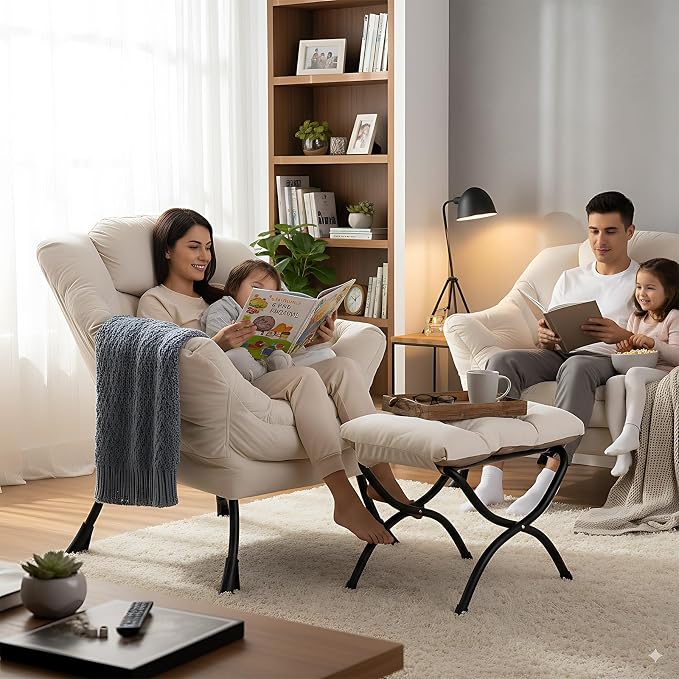 Lazy Chair with Ottoman, Comfy Accent Reading Chair, Velvet Beige | Foldable - Image 6