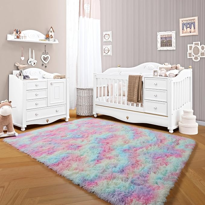 Rainbow Area Rugs for Living Room, 5x8 Fluffy Girls Bedroom Rug, Indoor Ultra - Image 7