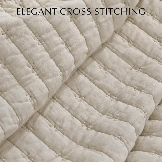 100% Cotton Cross Stitch 3-Piece Quilt Set, Flax Beige | 100% Cotton, Elegant - Image 3
