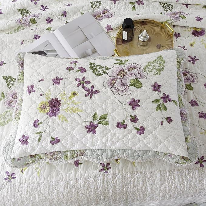 ROOMLIFE Quilt Set King Size 3D Floral Embroidery Pattern 3-Piece Cotton - Image 5