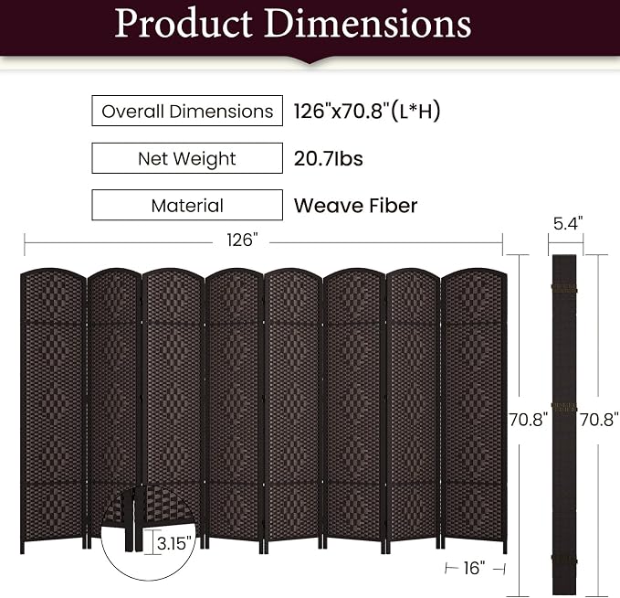 RHF Room Divider Panel, 8 Panel Partition Room Dividers Screen, Dark Mocha | - Image 3