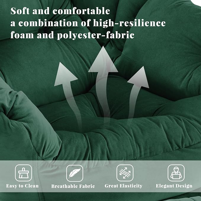 Lazy Chair with Ottoman, Comfy Reading Chair, Emerald Green | Cushioned Seat - Image 5