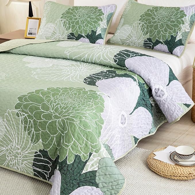 Yiran Floral Quilt Set Queen Sage Green Botanical Bedspreads Bedding Set | 3 - Image 2