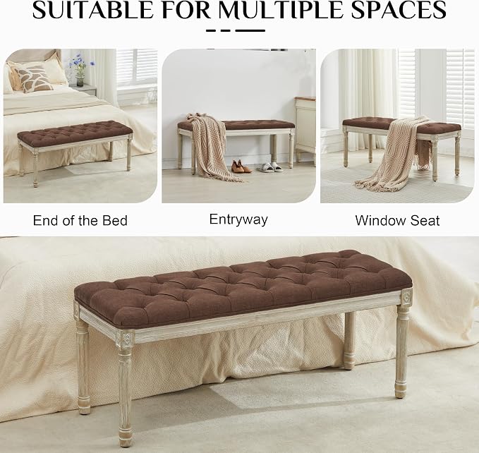 LOULENS 43.9" Linen End of Bed Bench, Vintage Bedroom Bench, Upholstered - Image 6