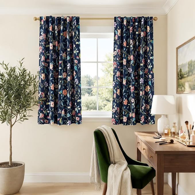 jinchan Dark Blue Floral Blackout Curtains 63 Inch Back Tab 2 Panels | Room - Image 8