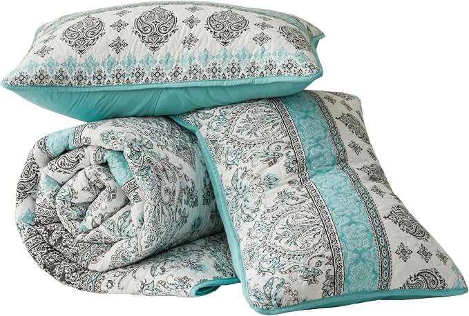 Chezmoi Collection Herald 3-Piece Printed Quilt Set, Aqua Blue Black White Boho - Image 9