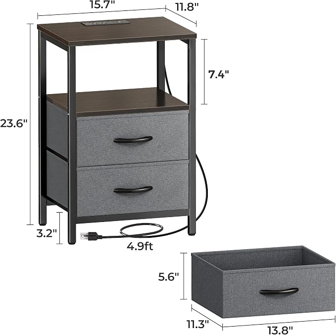 Huuger Nightstand with Charging Station, Side Table with Fabric Drawers | End - Image 3