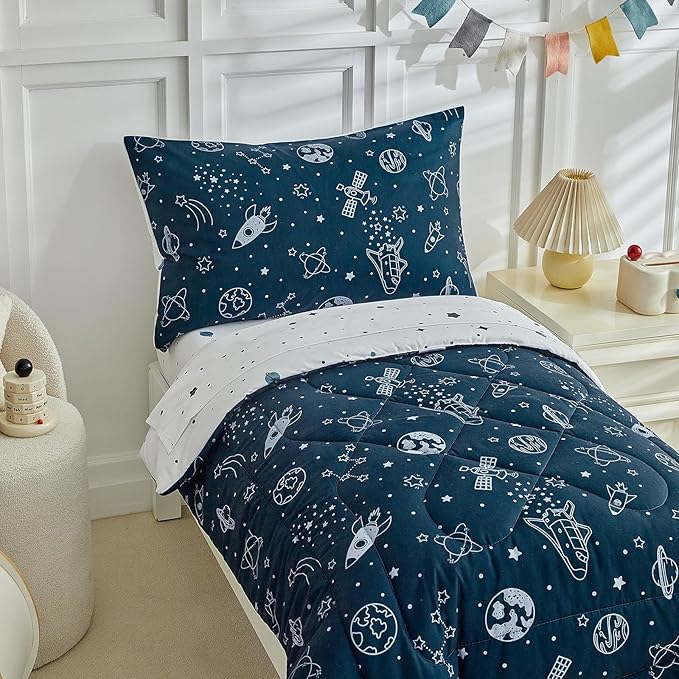 4 Pieces Toddler Bedding Set for Boy,Space Toddler Bed Comforter Set,Soft and Breathable Microfiber Crib Sheet Set,Includes Quilted Comforter, Flat Top Sheet, Fitted Sheet, Envelope Pillow Case -Blue