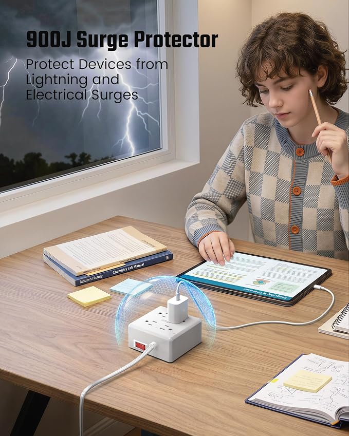 SUPERDANNY 5Ft Extension Cord, Flat Plug Power Strip Surge Protector | 900J - Image 5