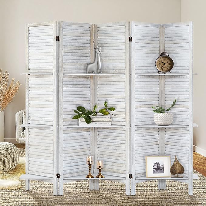 Room Divider with Shelves, 5 Panel Distressed White | Partition Room Dividers - Image 6