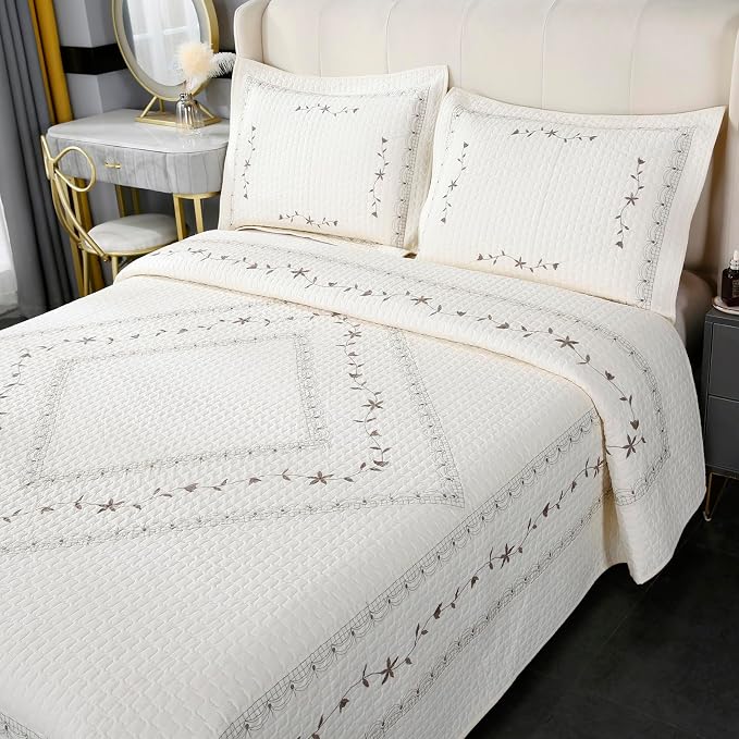 ROOMLIFE Quilt Set King Size 3D Floral Embroidery Pattern 3-Piece Cotton - Image 3