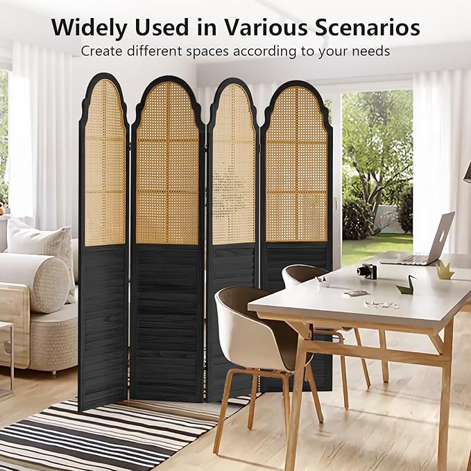 4 Panel Wood Room Divider, Folding Privacy Screen, Rattan Room Divider Wall - Image 7