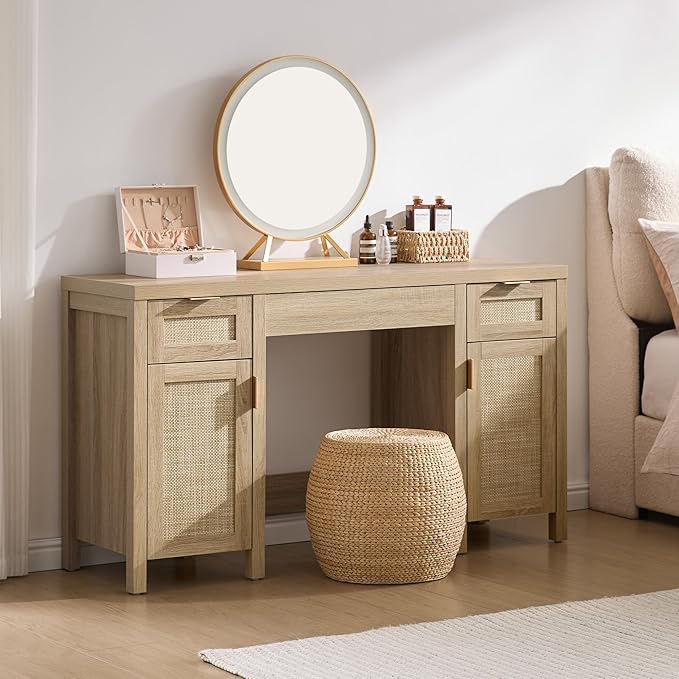 SICOTAS Rattan Vanity Home Office Desk - 52" Large Farmhouse Boho Makeup Vanity Dressing Table with 3 Drawers & 2 Storage Cabinets, Vanities Desk for Makeup Room, Bedroom, Home Office, Light Oak