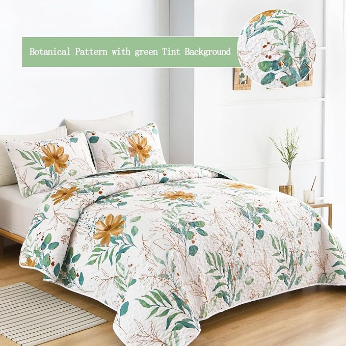 Anibedding Floral Quilt Set Queen, 3 Pieces Reversible Elegant Green Leaves - Image 3