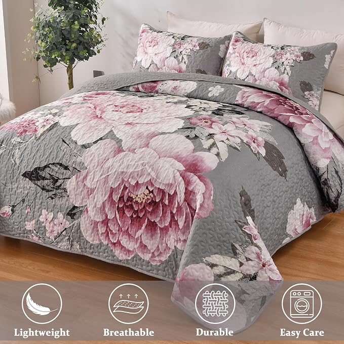 WONGS BEDDING Grey Quilt King Size, Lightweight Farmhouse Coverlet Set - Image 3