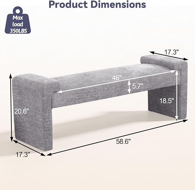 Upholstered Entryway Bench, 58.7" Modern Bedroom Bench, Curved Armrests - Image 2
