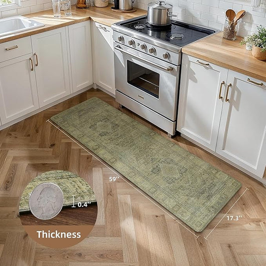 GENIMO Kitchen Mats for Floor, Washable Anti Fatigue Mat for Cushioned, 17.3"x59", Waterproof Kitchen Rugs, Non Slip Foam Comfort Standing Mat Rug for Home, Runner, Sink, Laundry, Tan