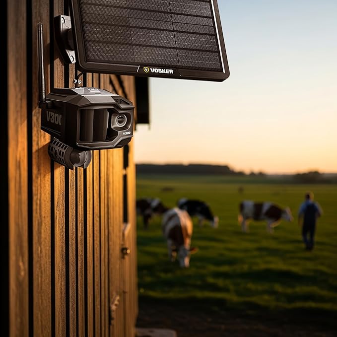 Vosker V300 Ultimate Farmers Pack Outdoor Security Camera with External Solar Panel for Farms Pastures and Greenhouses 4G LTE Black Single Unit with Battery
