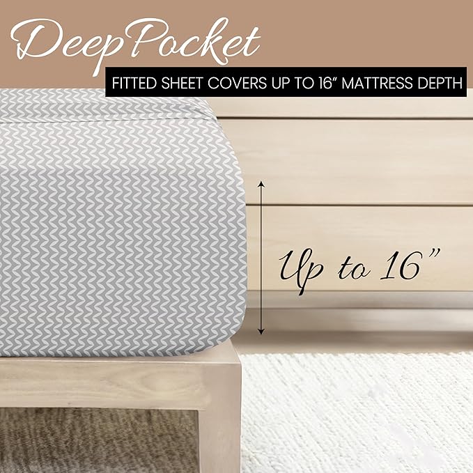 Linen Market Double-Brushed Patterned Microfiber Full Sheet Set 4 Piece – Oeko-TEX Certified Ultra Soft & Wrinkle-Free - 16" Deep Pocket Sheets - Easy Care Full Size - Puffed Chevron Light Gray