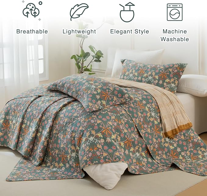 QSH 3Pcs Oversized King Quilt Bedspread Set-100% Cotton Floral Quilt California - Image 4