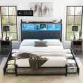 AMERLIFE Full Size Bed Frame with Bookcase Headboard and 4 Storage Drawers, Wooden Platform Bed with Charging Station and LED Light, No Box Spring Needed/Noise-Free, Gray