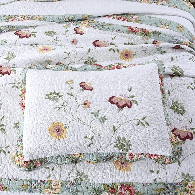 ROOMLIFE 100% Cotton Quilt Set Queen Elegant Floral Embroidery 3-Piece | - Image 7