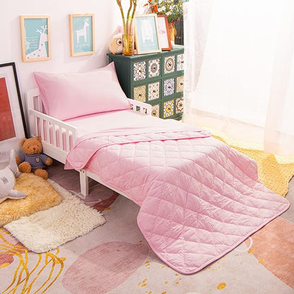 NTBAY Toddler Bedding Set - 4 Piece Soft and Breathable Crib Bedding Set for Boys and Girls, Includes Quilted Comforter, Fitted Sheet, Flat Top Sheet and Envelope Pillowcase, Pink