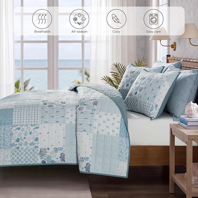 Queen Quilt Set-3 Pieces Soft Bedding Lightweight Floral Patchwork Coverlet | - Image 4
