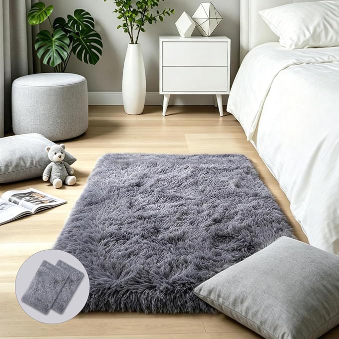 KICHOWUA Grey Fluffy Shag Rug 2x3, living room, kids room, boys and girls by KICHOWUA