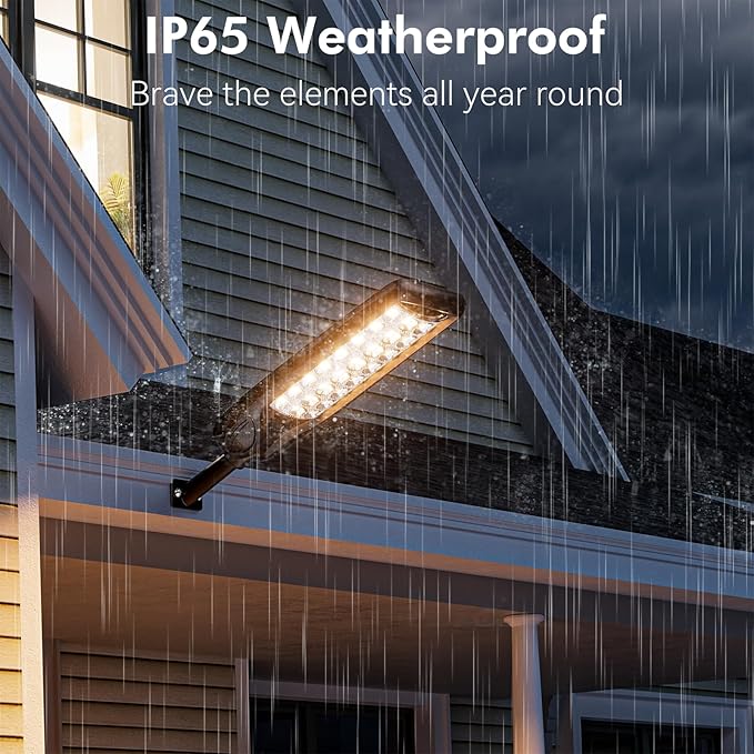 MMKT Solar Street Lights Outdoor, 3 Color Warm White LED Dusk to Dawn IP65 Waterproof Solar Flood Light with Motion Sensor and Remote Control for Outside Path, Yard, Garden, Walkway