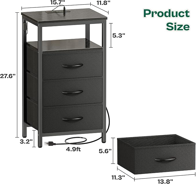 Huuger Night Stand with Charger Station and LED Lights, 3 Drawer Nightstand | - Image 3
