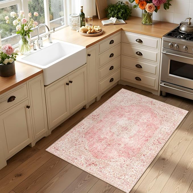 Latte&Fog Washable Entryway Rug 2x3, Vintage Pink Area Rugs - Image 4
