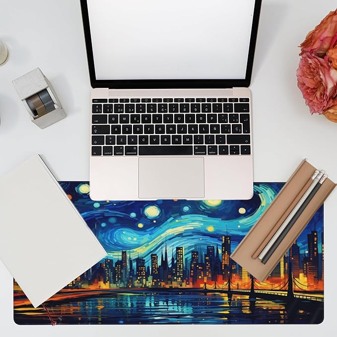 Eflxamz Desk Pad,City Starry Night Desk Mat,Abstract Oil Painting Large Gaming Mouse Pad for Desk,Extended Big Computer Keyboard Mouse Pad with Non-Slip Base and Stitched Edge,35.4"x15.7"