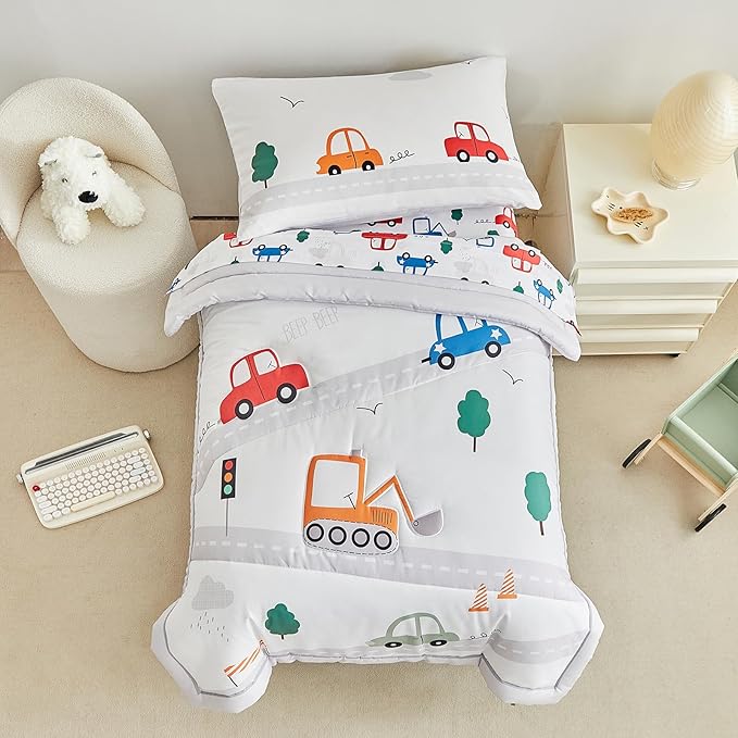 DuShow 4 Pieces Cars Toddler Bedding Set for Boys,Soft Toddler Bed Set in a Bag,Toddler Bed Comforter Set Includes Quilted Comforter, Flat Sheet, Fitted Sheet and Pillowcase