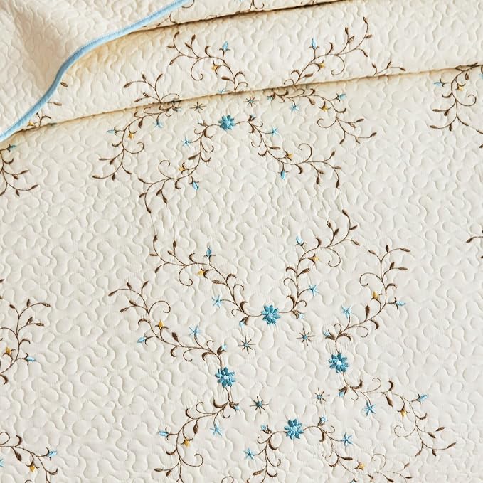ROOMLIFE Quilt Set Queen Size 3D Floral Embroidery Pattern 3-Piece Cotton | - Image 5
