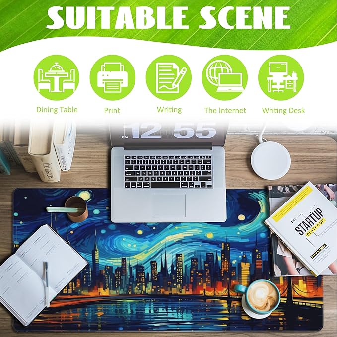 Eflxamz Desk Pad,City Starry Night Desk Mat,Abstract Oil Painting Large Gaming Mouse Pad for Desk,Extended Big Computer Keyboard Mouse Pad with Non-Slip Base and Stitched Edge,35.4"x15.7"