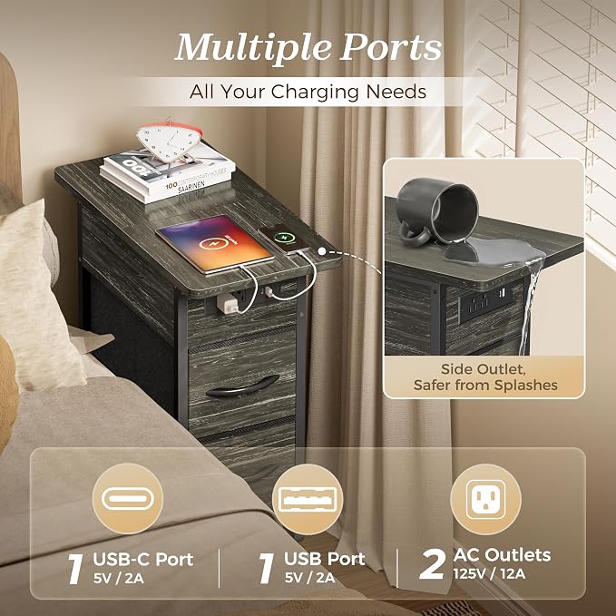 Huuger Narrow End Table with Charging Station, Side Table with 2 Drawers | Slim - Image 5