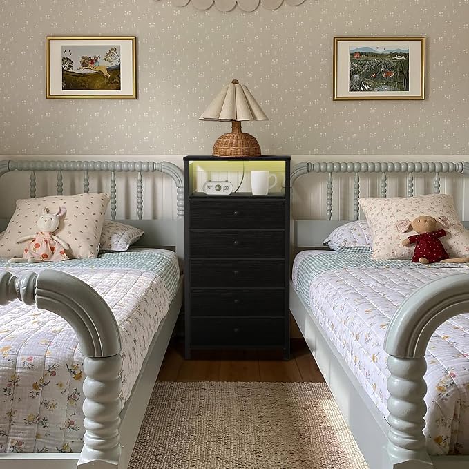 BOLUO Black Dresser with 5 Drawers Tall Nightstand with Charging Station and - Image 8