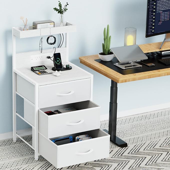LED Night Stand with Charging Station Set of 2, 3 Fabric Drawer, End Side Table - Image 8