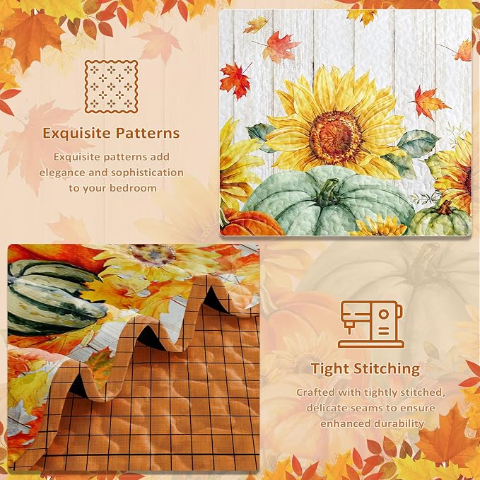 Yiran Happy Thanksgiving Harvest Quilt Queen Size, Fall Bedding Set | Pumpkin - Image 5