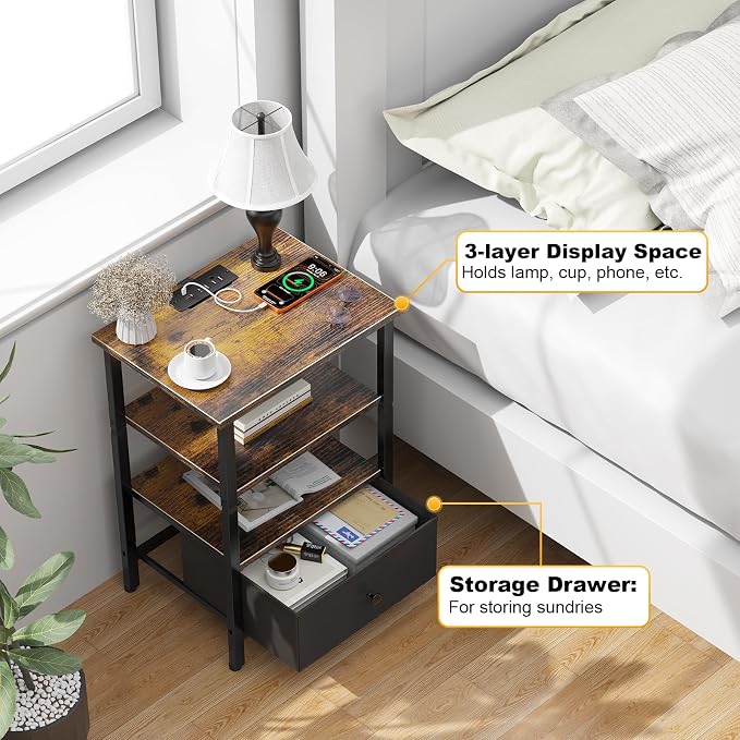 Side Table with Charging Station, Nightstand with Adjustable Fabric Drawer - Image 6