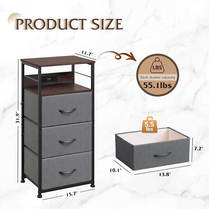 WLIVE Nightstand with Charging Station, 31.9" H Nightstand with 3 Fabric Drawers - Image 3