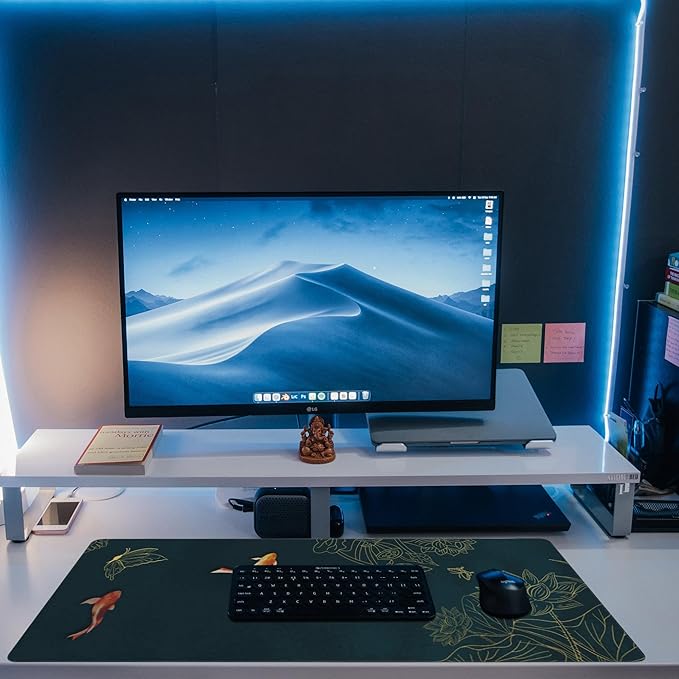 Eflxamz Large Gaming Mouse Pad, Koi Fish Ink Painting Desk Mat, Golden Line Lotus Desk Pad, Extended Big Computer Keyboard Mouse Pad with Non-Slip Base and Stitched Edge, 35.4"x15.7"
