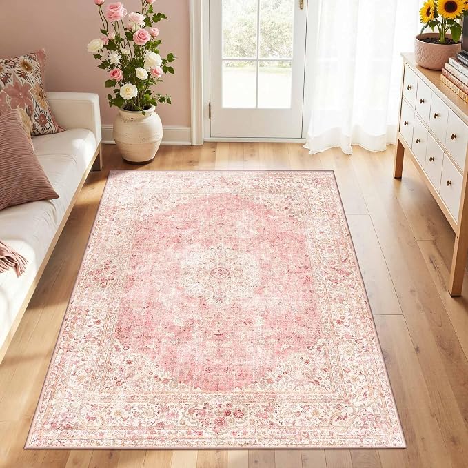 Latte&Fog 3x5 Entryway Pink Area Rugs, Vintage Floral Washable Rugs | by LatteFog