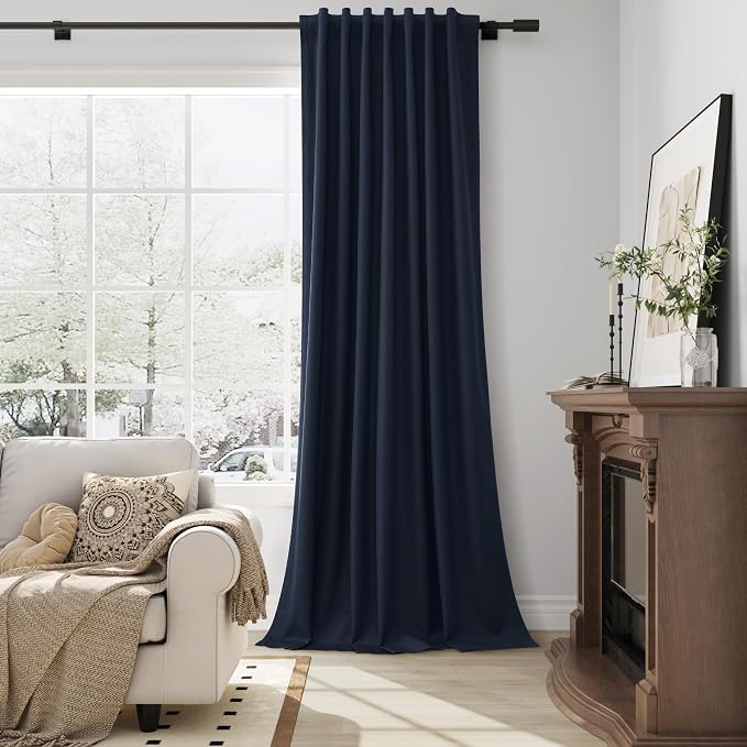 Navy Blue 100% Blackout Linen Curtains 96 Inches Long - Image 4