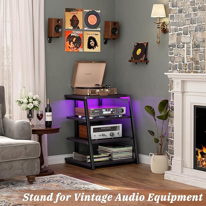 Armocity 4-Tier AV Media Stand with Power Strips, Stereo Stand with LED Lights, Rack Audio Tower with Adjustable Shelves, Small Entertainment Center, 30'', Black Ebony
