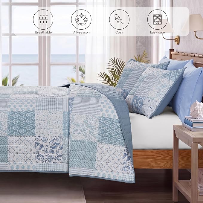 Queen Quilt Set-3 Pieces Soft Bedding Lightweight Floral Patchwork Coverlet | - Image 4