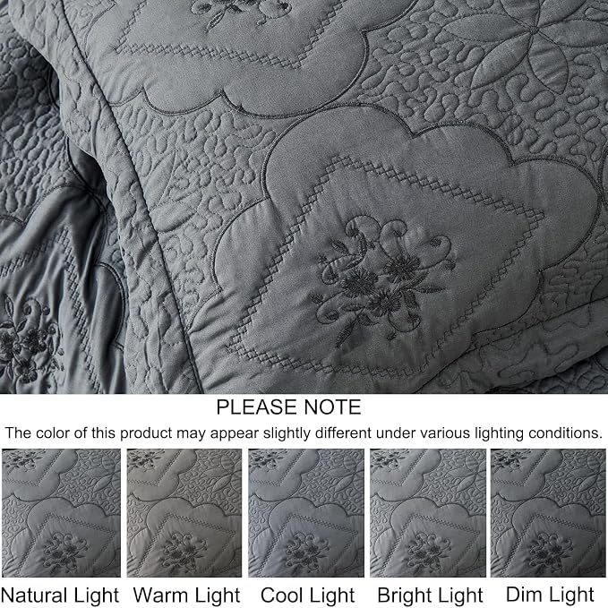 Cmfshape Floral Embroidery Quilt Set, 3 Pieces Queen Quilt Bedding Set - Image 7