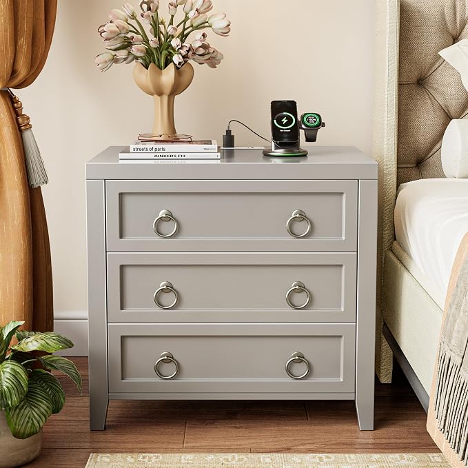 Huuger Paint Night Stand with Charger Station, 3 Drawer Nightstand Set of 2 | - Image 3
